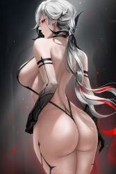 arlecchino_(genshin_impact) ass breasts female genshin_impact light-skinned_female looking_at_viewer looking_back red_eyes solo white_hair wtparadise