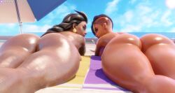 2girls 3d absurd_res ass ass_focus beach big_ass breasts completely_nude completely_nude_female dark-skinned_female dark_skin fat_ass female female_only hi_res highres huge_ass illari_(overwatch) illari_quispe_ruiz latina laying_down laying_on_stomach looking_back mexican_female nemesis_3d nude nude_female nudity olivia_colomar overwatch overwatch_2 peruvian_female shiny_skin sideboob sombra thick_thighs thighs