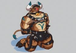 2022 abs anthro ball_gag barazoku biceps big_muscles biped bovid bovine cattle gag glaucablitz hi_res male mammal muscular muscular_anthro muscular_male muscular_sub pecs solo submissive submissive_anthro submissive_male