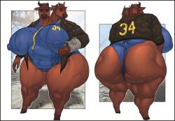 2_heads 5_fingers anthro areolae_visible_through_clothing ass bethesda_softworks biped bovid bovine brahmin breasts cattle dizzyknight fallout female green_eyes hooved_toes hooves horns huge_breasts huge_butt huge_nipples mammal multi_head nipples nipples_visible_through_clothing overweight overweight_anthro overweight_female pip-boy rear_view tagme thick_thighs