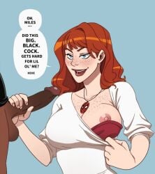 2d 2d_(artwork) bleepideeboop bottomless bottomless_male breasts_out cheating cheating_girlfriend cheating_wife dark-skinned_male dark_skin english english_dialogue english_text freckles freckles_on_breasts freckles_on_chest freckles_on_face horny horny_female interracial marvel marvel_comics mary_jane_watson miles_morales necklace red_hair red_hair_female speech_bubble spider-man spider-man_(miles_morales) spider-man_(series) superhero tease teasing