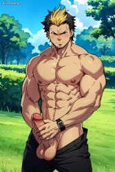 abs ai_generated ao_no_exorcist balls bara biceps big_balls big_penis erection male male_nipples male_only manly muscular_male nipples nude pecs penis suguro_ryuji