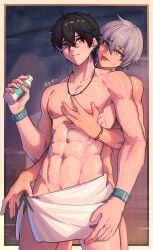 abs black_hair black_hair_bottom caelus_(honkai:_star_rail) dan_heng domination gay green_eyes grey_hair honkai:_star_rail honkai_(series) light_hair_on_dark_hair male_only naked towel white_hair white_hair_on_black_hair white_hair_top yanayaa_a yaoi yellow_eyes