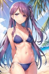 1girls ai_generated beach_background belly_button classroom_of_the_elite female hair_pin hair_ribbon kamuro_masumi long_hair looking_at_viewer purple_bikini purple_eyes purple_hair wsax