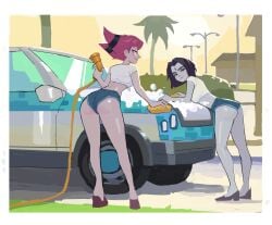 2024 2girls amugea ass car color commission crop_top dc dc_comics digital_media_(artwork) female female_only forehead_jewel grey_skin hotpants jinx_(dc) looking_at_viewer multiple_girls pink_eyes pink_hair purple_eyes purple_hair raven_(dc) shorts smile sponge teasing teasing_viewer teen_titans teenage_girl teenager thighs washing_car young young_female