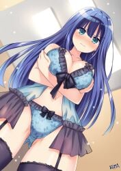 1girls blue_eyes blue_hair blue_lingerie blue_negligee blue_panties breasts earrings engage_kiss garter_straps large_breasts lewdkuma lingerie long_hair looking_at_viewer midriff navel negligee panties rose_print thighhighs yuugiri_ayano