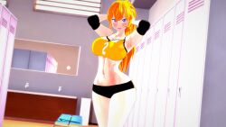 1girls 3d blonde_female blonde_hair clothed_female gym_clothes gym_clothing gym_shorts gym_uniform hands_behind_head nakadashi_(artist) ponytail pose posing purple_eyes rwby solo_female yang_xiao_long