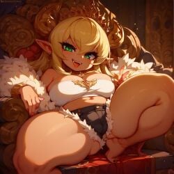 ai_generated artist_self-insert blonde_hair booty_shorts civitai fangs feet female female_only long_hair lustfallen medium_breasts original original_character pointy_ears pony_diffusion_6 pony_diffusion_xl queen shortstack smug spread_legs thick_thighs throne tubetop