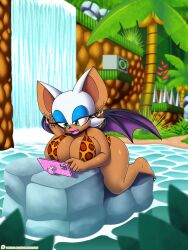 1girls bat bat_wings big_breasts bikini breasts color colored ear_piercing earrings female female_only highres large_breasts line_art lipstick omegasunburst outside patreon patreon_logo patreon_username rouge_the_bat solo solo_female solo_focus sonic_(series) sonic_the_hedgehog_(series) waterfall watermark