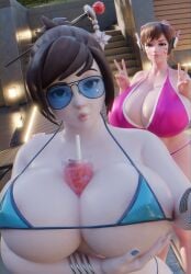 2girls 3d 3d_(artwork) asian asian_female big_breasts bikini blue_nail_polish blue_nails breasts brown_hair brown_hair_female brunette chinese chinese_female d.va dropyuh_(artist) female female_focus female_only glasses hana_song korean korean_female light-skinned_female light_skin long_fingernails mei_(overwatch) mei_ling_zhou outside overwatch overwatch_2