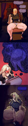 balls blonde_hair blush breasts comic cum cum_in_mouth cum_inside cumdrip curvy dark-skinned_male dark_skin drawing fellatio female hair heavy_blush heels huge_balls huge_cock interracial large_breasts male model oral panties penis public riendonut sitting skirt squatting text thick_thighs thought_bubble watching wet wet_panties