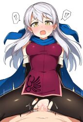 1girls ai_generated bangs blue_scarf blush clothed_sex cowgirl_position elbow_gloves fire_emblem fire_emblem:_radiant_dawn gold_eyes long_hair looking_at_viewer micaiah_(fire_emblem) nintendo open_mouth pantyhose pov pussy scarf self_upload sex sidelocks tights torn_legwear torn_pantyhose vaginal_penetration white_hair yellow_eyes