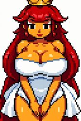 1girls :d ai_generated big_breasts black_eyes dress female female_only large_breasts long_hair looking_at_viewer mario_(series) orange_skin pixai pixel_art princess_peach princess_toadstool red_hair solo standing super_mario_bros. super_mario_bros._(nes) white_background white_dress