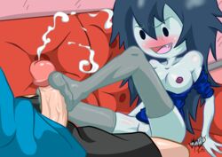 1boy 1girls adventure_time blush breasts cum cum_shot ejaculation fang femdom finn_the_human foot_fetish footjob long_hair marceline n3f penis shirt_down stockings thighhighs vampire