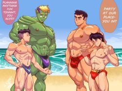 4boys abs alpha_male beach biceps billy_kaplan blonde_hair boxer_briefs canon_couple conner_kent crossover dc dc_comics gay gay_couple green_body hulkling hunk jock kon-el male male_focus male_only marvel marvel_comics muscles muscular muscular_male mygetawayart nipples no_visible_genitalia red_robin size_difference stud superboy superboy_(conner_kent) talking teddy_altman text tim_drake twunk underwear_only wiccan yaoi