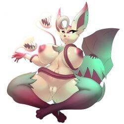 anthro big_breasts breasts carnivorous_plant eeveelution female foxgumie generation_4_pokemon genitals hi_res leaf leafeon nintendo plant pokemon pokemon_(species) pussy solo yellow_body