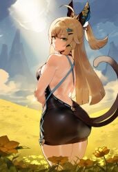 ai_generated ass bike_shorts black_dress brown_hair cat_ears catgirl detached_sleeves dress genshin_impact green_eyes kirara_(genshin_impact) looking_back medium_breasts novelai oerba_yun_fang ratatatat74_(ai_style) shorts sunset tail thiccwithaq_(ai_style) thighs tight_clothing tight_dress