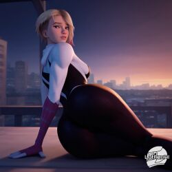 1girls ai_generated big_ass gwen_stacy gwen_stacy_(spider-verse) light-skinned_female looking_back luthenai marvel medium_breasts pose solo spider-gwen spider-man:_into_the_spider-verse