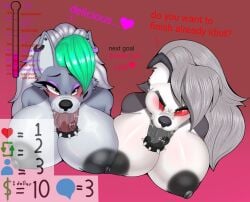 2d 2d_(artwork) 2d_artwork anthro big_breasts breasts canid canid_demon canine canis crossover deepthroat demon english_text face_fucking female five_nights_at_freddy's five_nights_at_freddy's:_security_breach fnaf foxgumie furry green_hair grey_body grey_hair group hair hellhound helluva_boss hi_res loona_(helluva_boss) male male/female mammal mythological_canine mythological_creature mythology roxanne_wolf_(fnaf) scottgames steel_wool_studios text throat_fuck thrusting thrusting_into_mouth white_body wolf