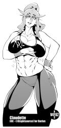 1girl 1girls abs athletic_clothing athletic_female black_and_white borrowed_character buru claudette_(lightsource) female female_focus female_only fit_female grayscale gym_clothes hair_up large_breasts leggings lifting_breasts lightsource looking_at_viewer monochrome muscular muscular_female open_mouth original original_character simple_background simple_shading solo solo_female solo_focus sparkles sports_bra thick_thighs tight_leggings v-line workout_clothes workout_clothing