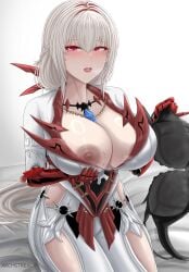 1girls alternate_costume archstreal bed bianca_(punishing:_gray_raven) clothed large_breasts long_hair nipples pale_skin punishing:_gray_raven red_eyes red_hair robot_girl silver_hair sitting solo