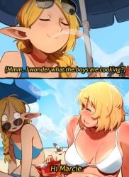 3girls beach big_breasts bikini blonde_hair blush bra braided_hair cat_ears cat_tail catgirl dungeon_meshi eating elf elf_female english_text eyes_closed falin_touden falin_touden_(tallman) female female_only funny izutsumi khyleri marcille_donato multiple_girls short_hair smile sunbathing sunburn sunglasses tanline text