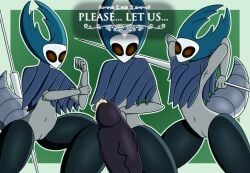 2023 2_horns arthropod arthropod_abdomen belly blue_cloak blue_clothing blue_horn bodily_fluids cloak clothing cum dabid dialogue digital_media_(artwork) english_text female fingers fist genital_fluids genitals glans group hi_res holding_object holding_weapon hollow_knight horn humanoid_genitalia humanoid_penis infection insects looking_at_viewer mantis mantis_lord mouthless nail_(weapon) navel noseless penis standing team_cherry text the_infection_(hollow_knight) thick_thighs trio vein veiny_penis weapon white_text