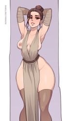 1female arms_behind_head barely_clothed big_breasts braless breasts brown_eyes brown_hair freckles hands_behind_head jedi looking_at_viewer no_bra no_panties peeking_nipple peeking_out revealing_clothes rey skimpy solo_female star_wars the_force_awakens thick_thighs thighhighs toksie