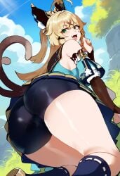 ai_generated ass bike_shorts brown_hair cat_ears catgirl detached_sleeves from_behind from_below genshin_impact green_eyes kirara_(genshin_impact) medium_breasts novelai nyandere oerba_yun_fang ratatatat74_(ai_style) shorts tail thiccwithaq_(ai_style) thighs