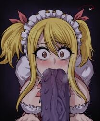 1girls aldharoku animal_genitalia animal_penis big_penis blonde_hair blowjob brown_hair dragon_penis fairy_tail fellatio female huge_cock large_breasts lucy_heartfilia maid maid_headdress maid_uniform oral twintails