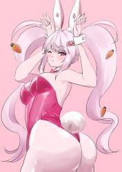 1girls alice_(nikke) alice_(wonderland_bunny)_(nikke) ass ass_focus blush breasts bunny_ears bunnysuit cleavage female female_only fully_clothed goddess_of_victory:_nikke one_eye_closed pink_eyes revealing_clothes simple_background smile twintails white_hair