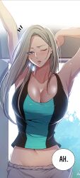 arms_stretched bedroom_eyes big_breasts blonde_hair crop_top curvaceous curvaceous_body curvaceous_female curvy curvy_body curvy_female door_open manhwa mia_(secret_class) midriff one_eye_open outside_view screenshot secret_class stretching tank_top