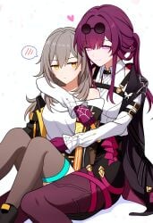 2girls ai_generated embarrassed honkai:_star_rail hugging_from_behind jacket kafka_(honkai:_star_rail) love_heart novelai sitting_on_lap stelle_(honkai:_star_rail) sunglasses thigh_strap yuri