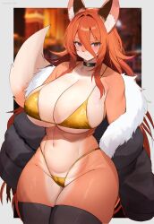 big_breasts breasts cleavage female furry golden_bikini huge_breasts kakuteki11029 thick_thighs wide_hips
