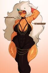 1girls abs bare_arms bare_shoulders big_breasts blush cartoon_network clothed clothing color dress elegant_dress embarrassed english_text female female_focus female_only fit_female gem gem_(species) hi_res horns inner_sideboob jasper_(steven_universe) large_breasts long_hair meme_attire meme_clothing modakawa_dress muscles muscular muscular_arms muscular_female muscular_legs muscular_thighs no_bra orange_body orange_skin saltyxodium solo solo_female steven_universe tagme text thick_thighs white_hair yellow_eyes