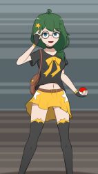 1girls blue_eyes clothed fangame fangame_character female female_only glasses green_hair ivy_(pokerogue) johnthems not_porn pokemon pokemon_fangame pokerogue safe safe_for_work sfw skirt