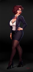 beauty_mark black_jacket black_skirt breasts brown_hair cleavage clothes eyeshadow eyewear female glasses hair hand_on_hip high_heels large_breasts mature_female milf mole office_lady original pantyhose short_hair skirt solo standing taboolicious vanessa_harrow