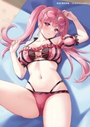 1girls alternate_costume ass_visible_through_thighs bare_thighs bikini blush breasts cleavage commentary_request female female female_only fire_emblem fire_emblem:_three_houses fire_emblem_heroes hilda_valentine_goneril hilda_valentine_goneril_(summer) large_breasts long_hair looking_at_viewer lying navel official_alternate_costume on_back partially_visible_vulva patreon_username pink_bikini pink_hair pink_swimsuit red_eyes round_eyewear sebu_illust smile solo sunglasses swimsuit thighs twintails