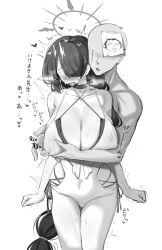 1boy bare_arms bare_legs bare_shoulders bikini blue_archive blush breasts broccoli_(broccoli2626) cleavage collarbone covered_nipples doodle_sensei_(blue_archive) female greyscale hair_over_one_eye halo heart highres hinata_(blue_archive) hinata_(swimsuit)_(blue_archive) huge_breasts long_hair monochrome nipple_stimulation official_alternate_costume one-piece_swimsuit open_mouth sensei_(blue_archive) signature simple_background speech_bubble swimsuit very_long_hair white_background