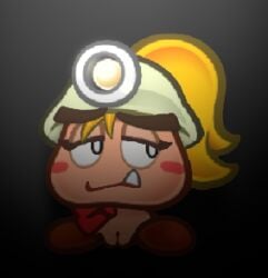 1girls blonde_hair clothing cute_fang eyebrows eyelashes female female_only goomba goombella greatm8 hair half-closed_eyes headgear helmet looking_away looking_back looking_to_the_side mario_(series) messy_hair nintendo nude paper_mario paper_mario:_the_thousand-year_door pith_helmet ponytail pussy snaggle_tooth solo thick_eyebrows tied_hair topwear vagina