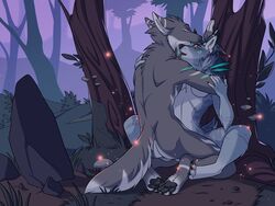 1boy 1girls anthro ass breasts canine closed_eyes cuddling dinobutt duo feline female forest hybrid kida_(littlemutt) male mammal nude sex straight tongue tree wolf