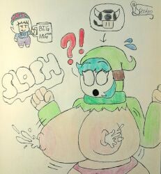 1boy ?! aqua_hair artist_name artist_signature background_character bon_(spectrodraws) boo_(mario) breast_expansion breasts bursting_breasts busty_boy clarice_(spectrodraws) exclamation_mark female femboy green_clothing huge_breasts lactating lactation leaking_milk male mario_(series) mask mushroom nightcap onomatopoeia power_up self_upload shocked shocked_expression shy_gal spectrodraws super_mario_bros. tits_out traditional_media traditional_media_(artwork) wardrobe_malfunction wide_hips