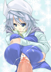 blue_eyes breast_squeeze breasts cum ejaculation female hat huge_breasts letty_whiterock male paizuri paizuri_under_clothes penis perpendicular_paizuri silver_hair solo_focus straight toono_yayoi touhou