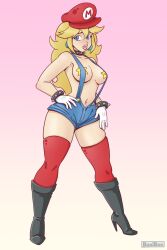 1girls baxiboo blonde_hair blue_eyes clothing cosplay female female_only full_body mario_(series) nipples_covered overalls princess_peach red_hat revealing_clothes simple_background solo standing star_pasties