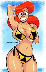 1girls 2d_(artwork) artist_name atomickingboo big_breasts bikini blue_eyes busty curvaceous curvy curvy_figure digital_media_(artwork) female female_only freckles freckles_on_breasts freckles_on_shoulders glasses hips hourglass_figure huge_breasts large_breasts light-skinned_female light_skin original original_character red_hair slim_waist smile solo terra_mandrile thick_hips thick_thighs triforce_bikini triforce_panties triforce_symbol voluptuous voluptuous_female waist wide_hips