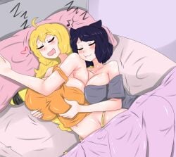 2girls bed big_breasts black_hair black_hair_female blake_belladonna blonde_female blonde_hair breasts canon_couple cat_ears fjtiko grabbing_breasts grabbing_breasts_from_behind grabbing_from_behind half-dressed half_naked multiple_girls panties robotic_arm rwby sleeping yang_xiao_long yuri zronku