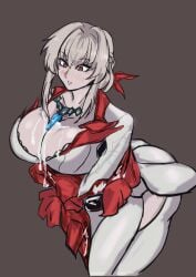 bianca_(punishing:_gray_raven) cum cum_on_breasts cumshot fully_clothed large_breasts punishing:_gray_raven red_eyes robot_girl silver_hair solo