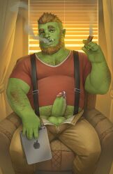 balls bara beard big_balls big_penis bulge chubby cigar clothing cum erection green-skinned_male green_body green_skin highpups male male_only muscular_male orc orc_male penis pointy_ears teeth teeth_visible tight_clothing tusks