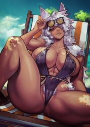 abs bikini cat_ears dark-skinned_female fur large_breasts long_hair looking_at_viewer muscular_female nextoad nipple_bulge outdoors pubic_hair pubic_hair_peek pussy_outline red_eyes sitting spread_legs sunbathing sunglasses thighs white_hair