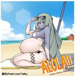 beach beach_towel belly belly_button bikini bikini_bottom bikini_top blonde_hair blush breasts color green_eyes hi_res kneeling lens_flare line_art looking_at_viewer lusamine_(pokemon) outie_navel pokemon pokemon_sm postcard pregnant pregnant_belly pregnant_female sunbathing sunglasses sunglasses_on_head sunny tagme towel tsukiji vein veiny veiny_belly watermark yellow_hair